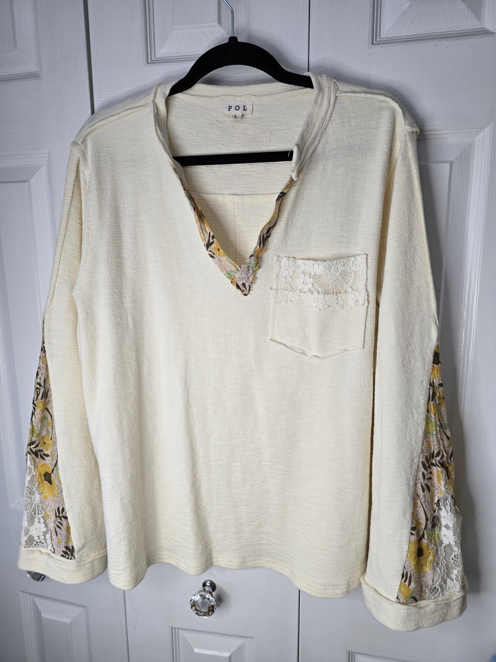 POL Cream Boho Lace-Trim Pullover Top